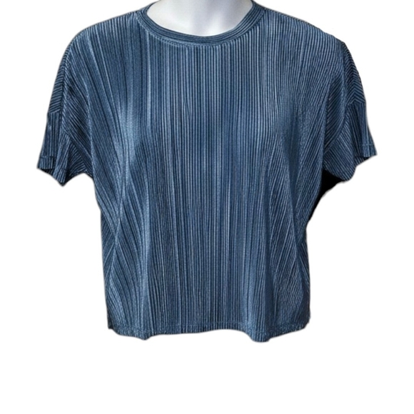 Marc New York S/M Steel Blue Micro Pleated Short Sleeve Subtle Sheen Top - Picture 2 of 12